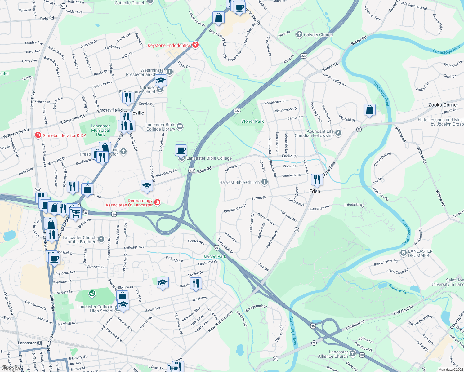map of restaurants, bars, coffee shops, grocery stores, and more near 221 Wren Way in Lancaster