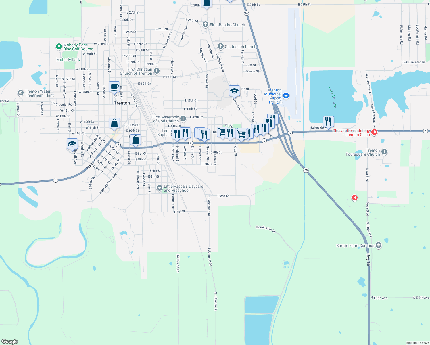 map of restaurants, bars, coffee shops, grocery stores, and more near 1599 E 6th St in Trenton