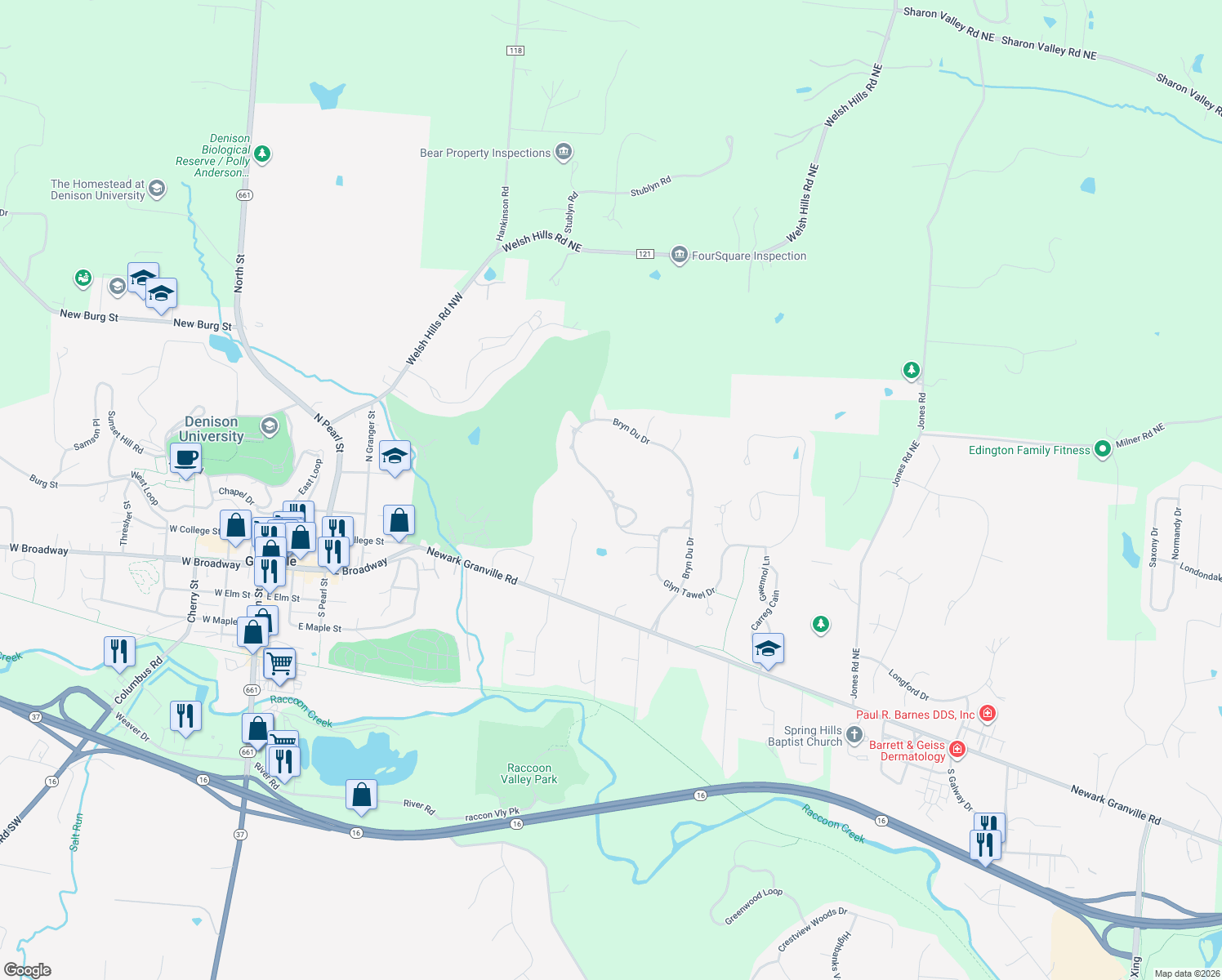 map of restaurants, bars, coffee shops, grocery stores, and more near 385 Bryn Du Dr in Granville