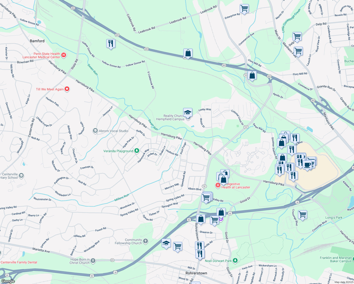 map of restaurants, bars, coffee shops, grocery stores, and more near 2348 Harrisburg Pike in Lancaster