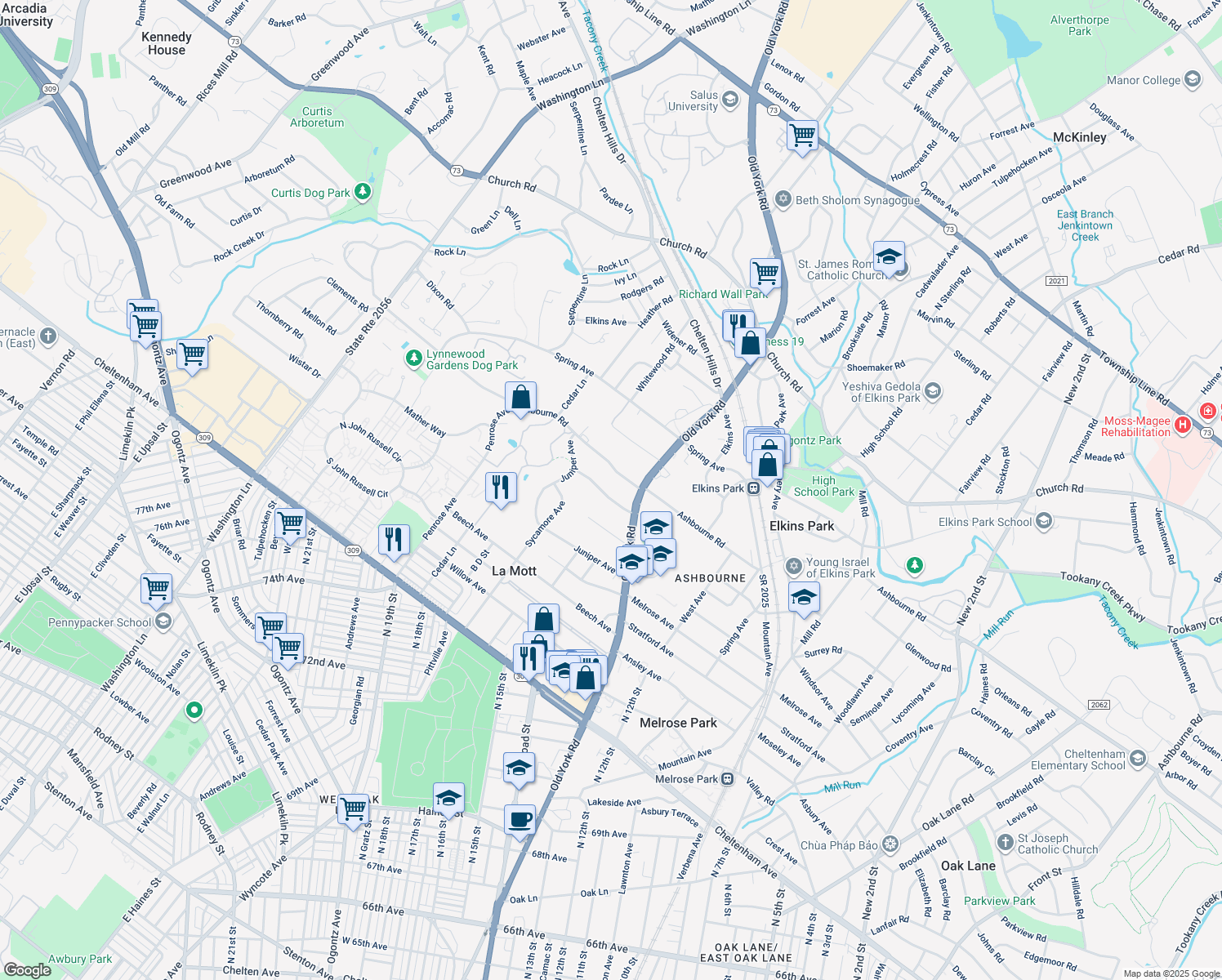 map of restaurants, bars, coffee shops, grocery stores, and more near 625 Stetson Road in Elkins Park
