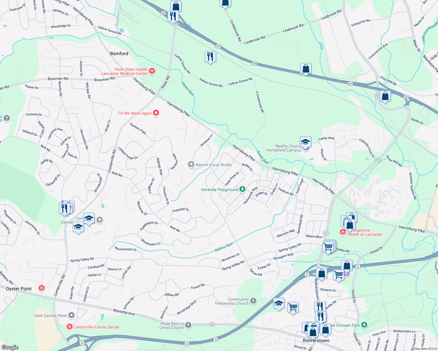 map of restaurants, bars, coffee shops, grocery stores, and more near 1105 Sweetbriar Way in Lancaster