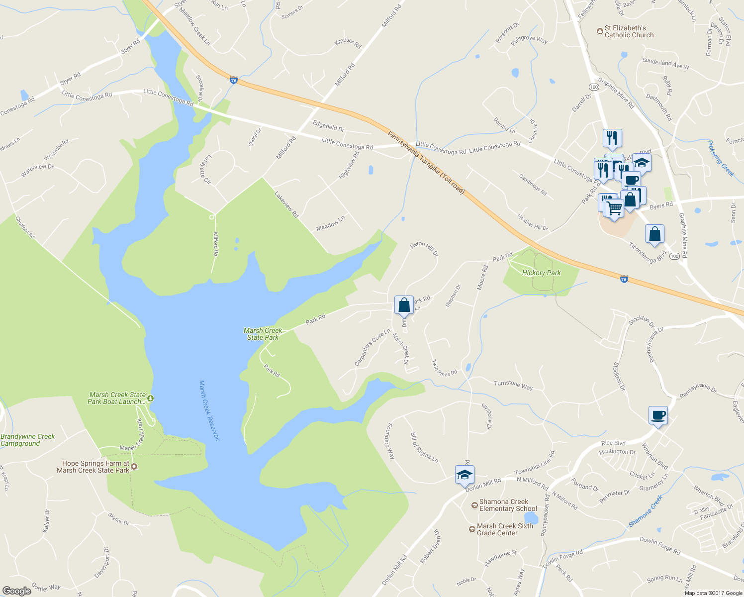 map of restaurants, bars, coffee shops, grocery stores, and more near 4 Watercroft Circle in Downingtown
