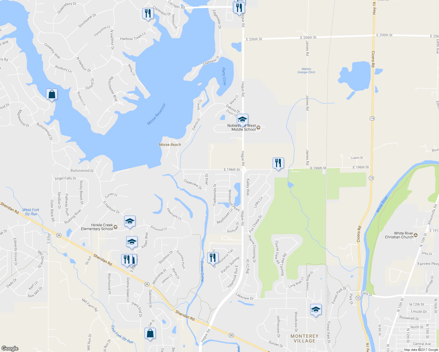map of restaurants, bars, coffee shops, grocery stores, and more near 7599 Hollow Reed Court in Noblesville