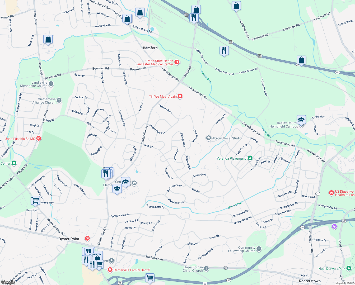 map of restaurants, bars, coffee shops, grocery stores, and more near 206 Fleming Place in Lancaster