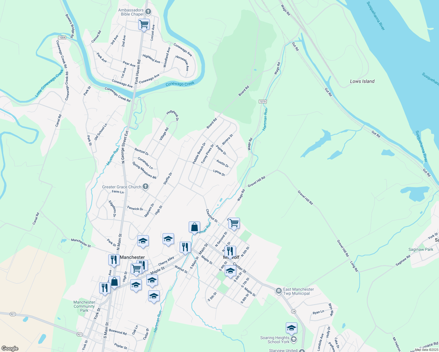 map of restaurants, bars, coffee shops, grocery stores, and more near 340 Lynne Drive in Mount Wolf