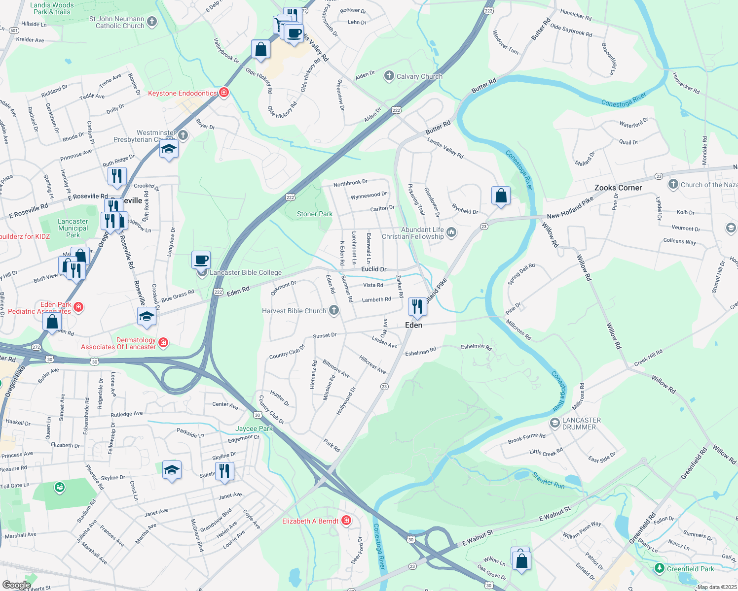 map of restaurants, bars, coffee shops, grocery stores, and more near 1541 Lambeth Rd in Lancaster