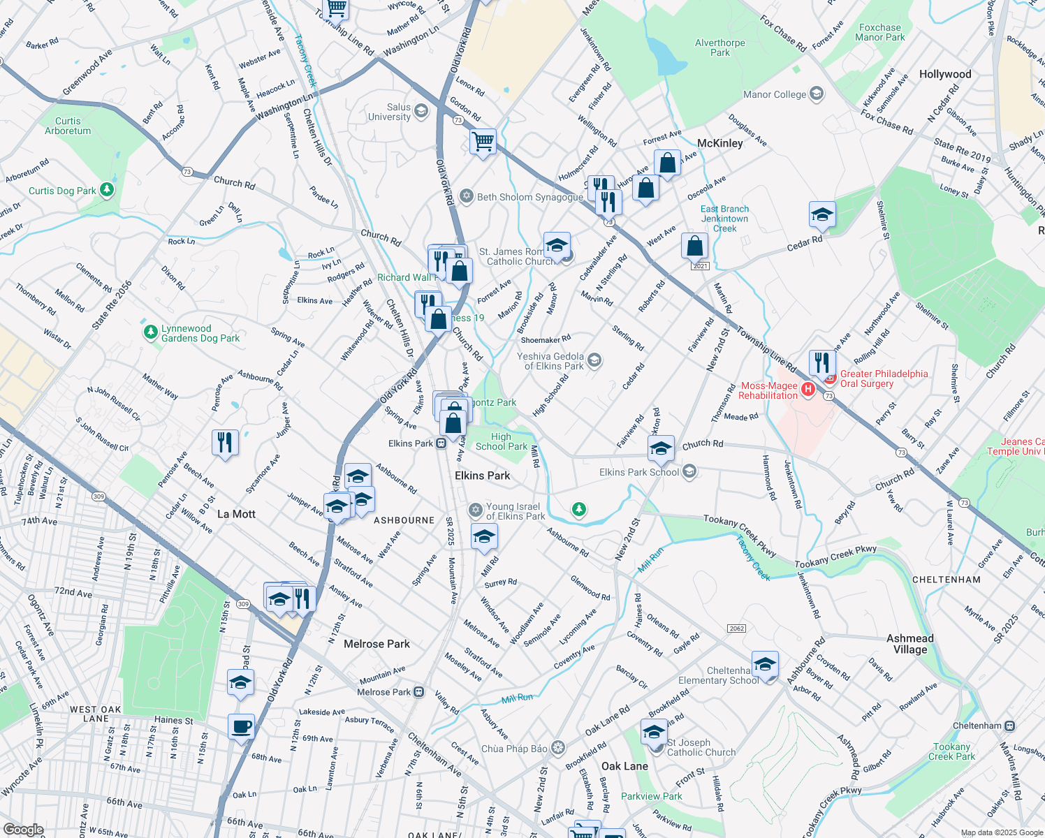 map of restaurants, bars, coffee shops, grocery stores, and more near 382 Church Road in Elkins Park