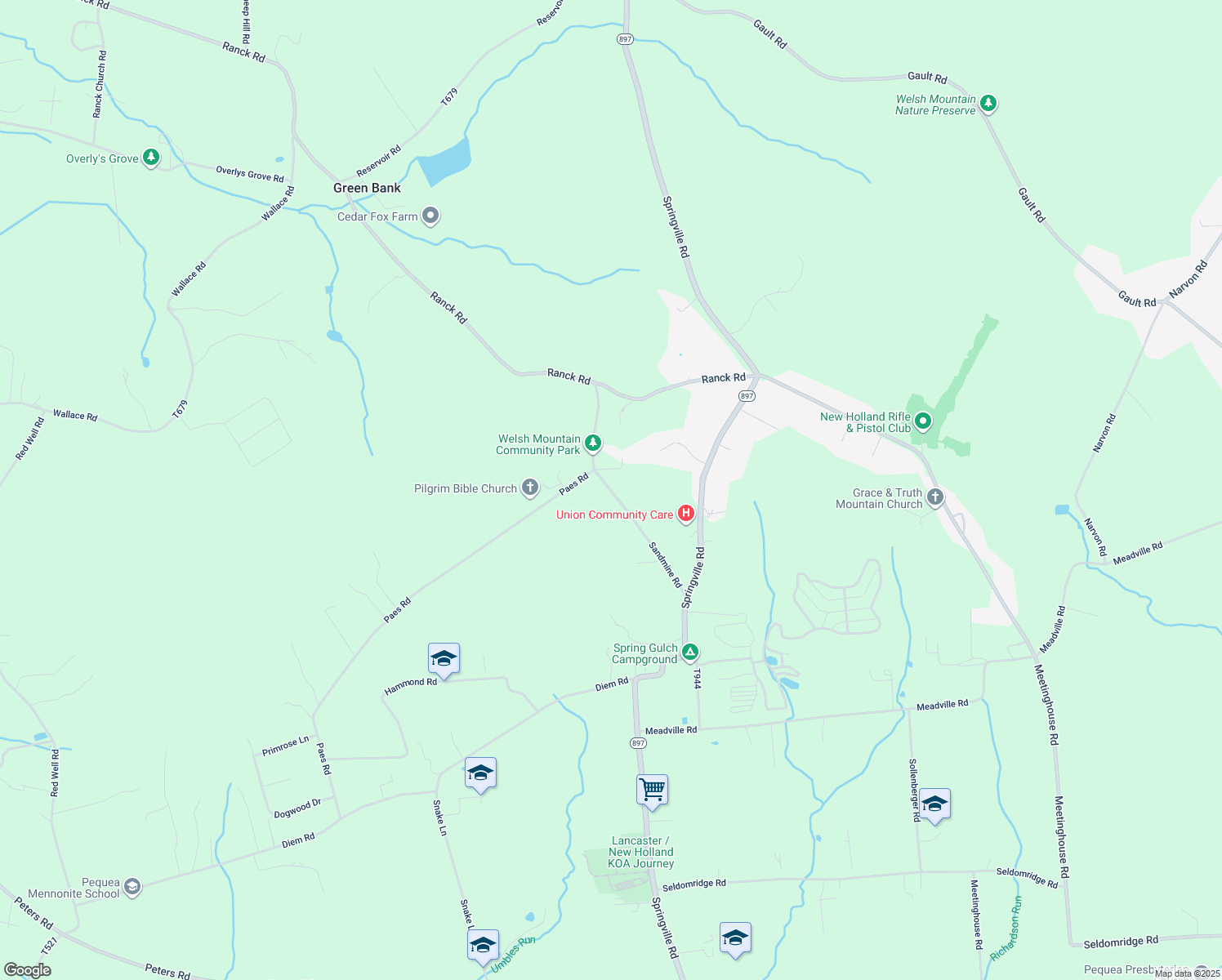 map of restaurants, bars, coffee shops, grocery stores, and more near 551 Sandmine Road in New Holland