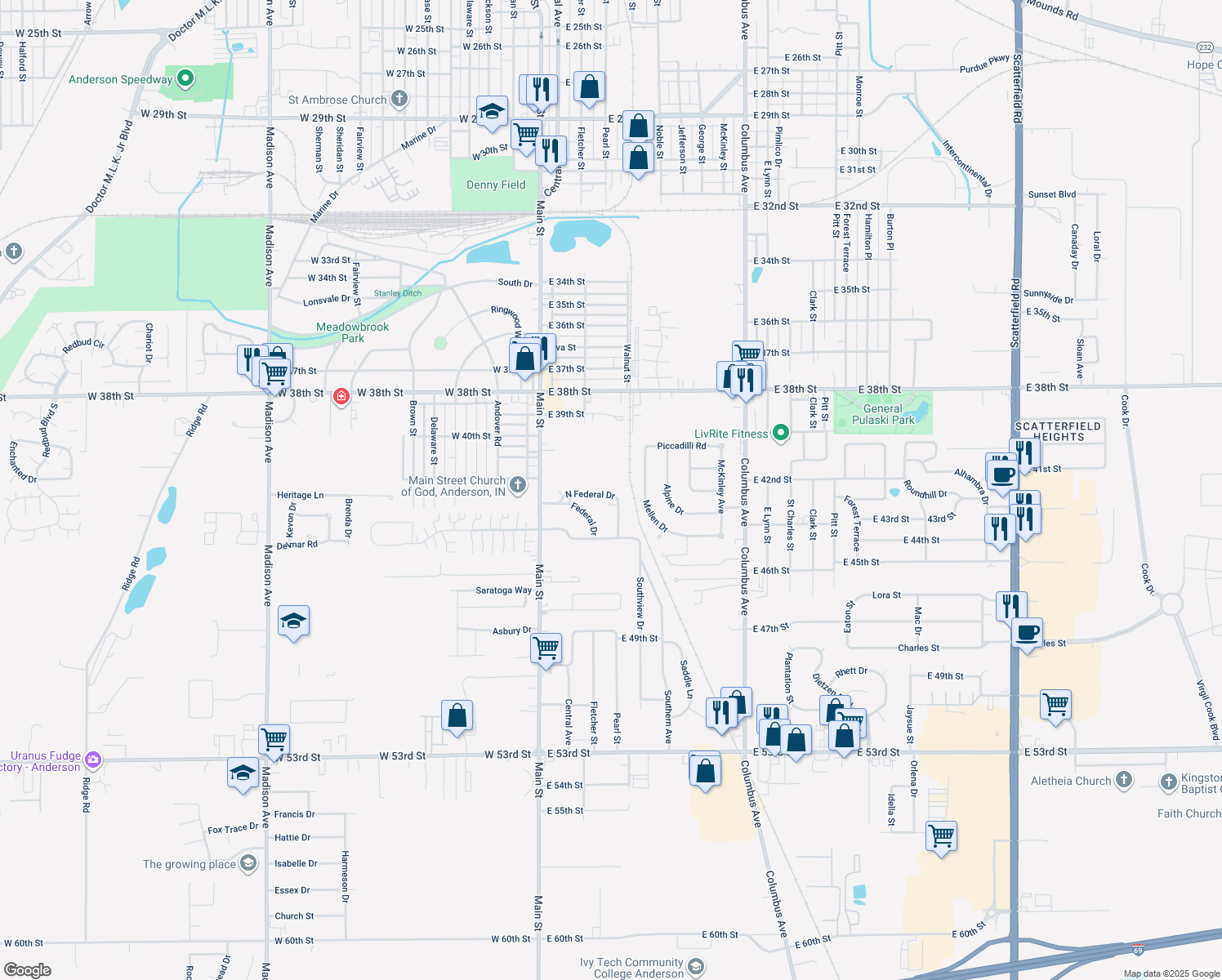 map of restaurants, bars, coffee shops, grocery stores, and more near 312 Federal Drive in Anderson
