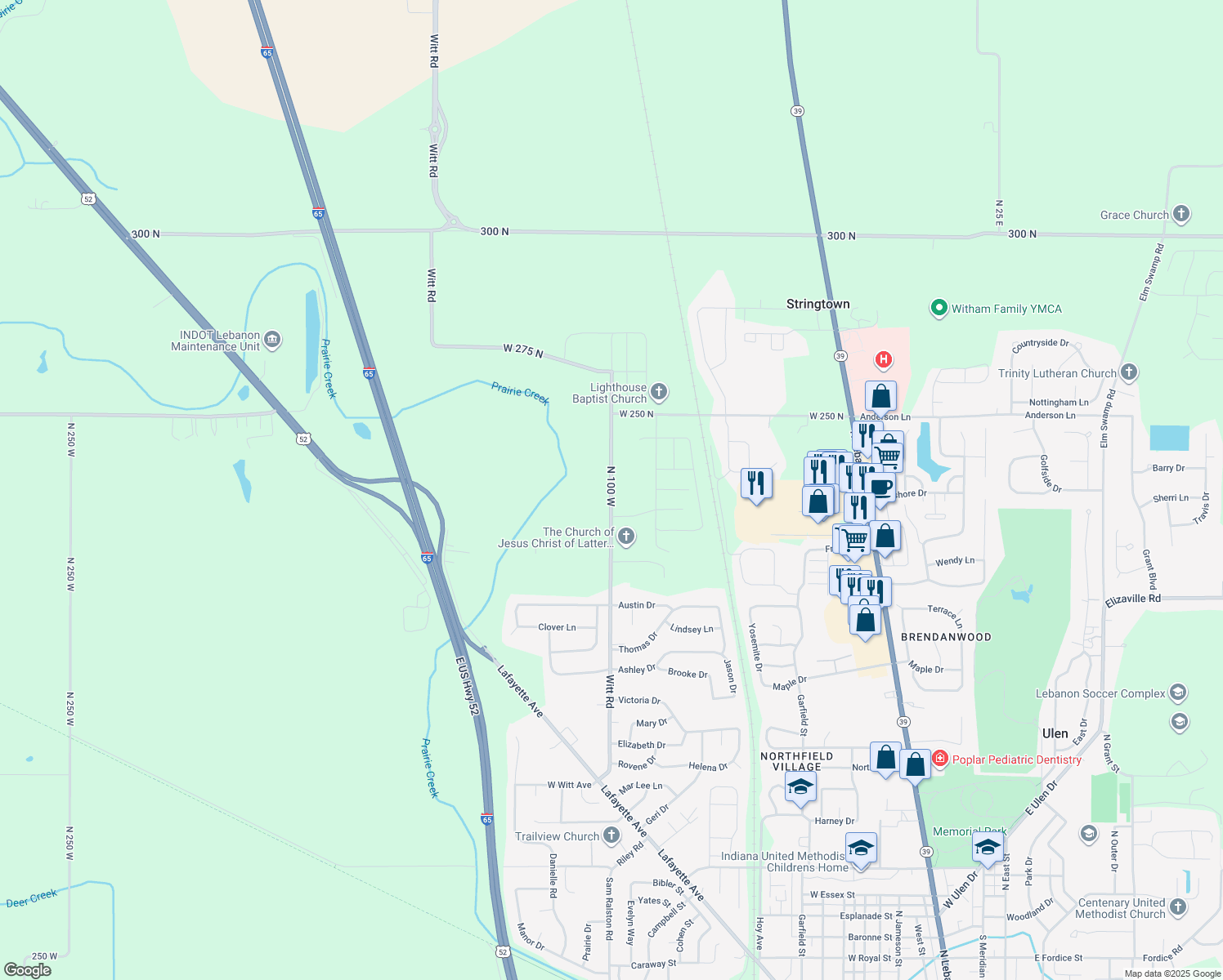 map of restaurants, bars, coffee shops, grocery stores, and more near 2353 Witt Road in Lebanon