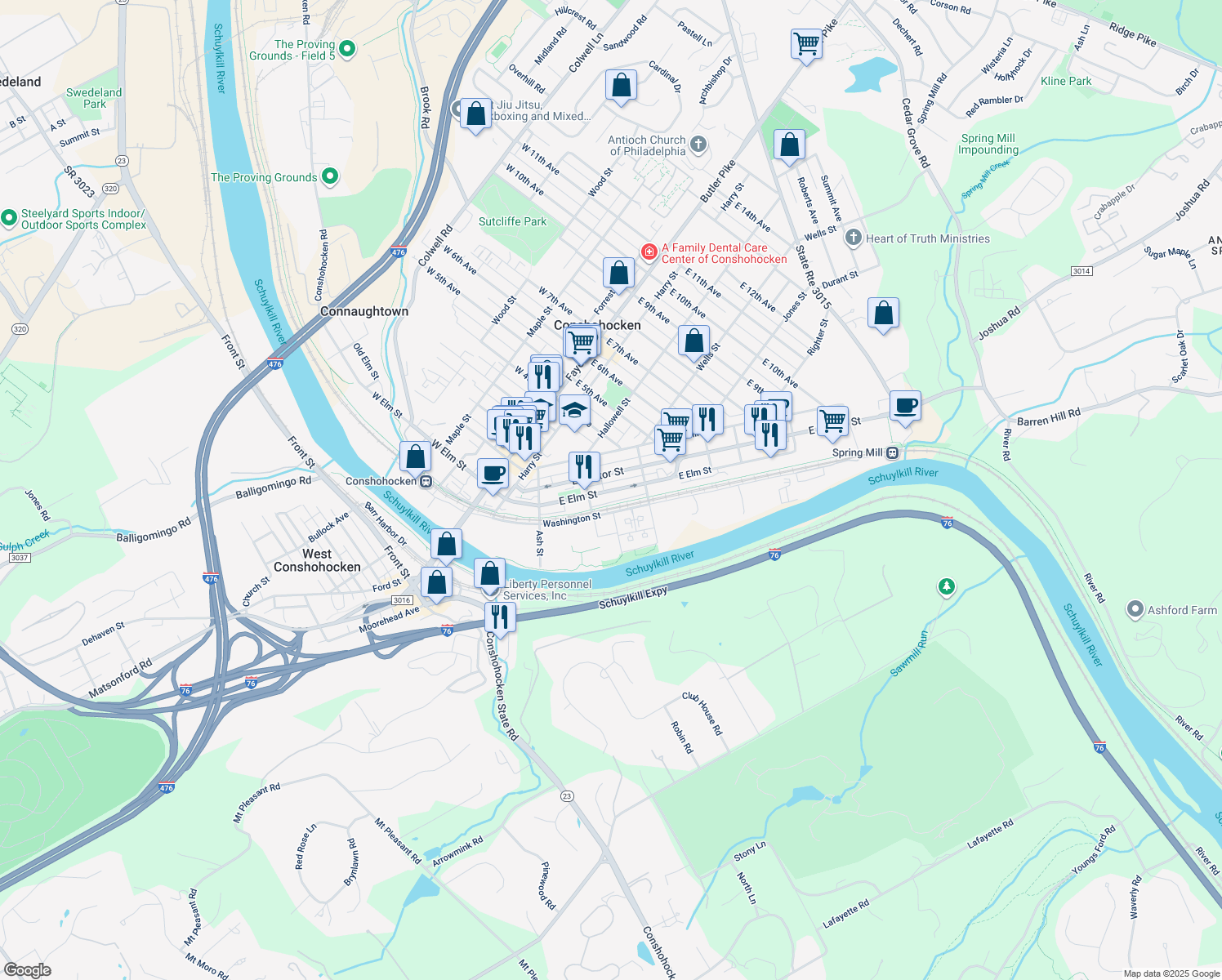 map of restaurants, bars, coffee shops, grocery stores, and more near 334 East Elm Street in Conshohocken