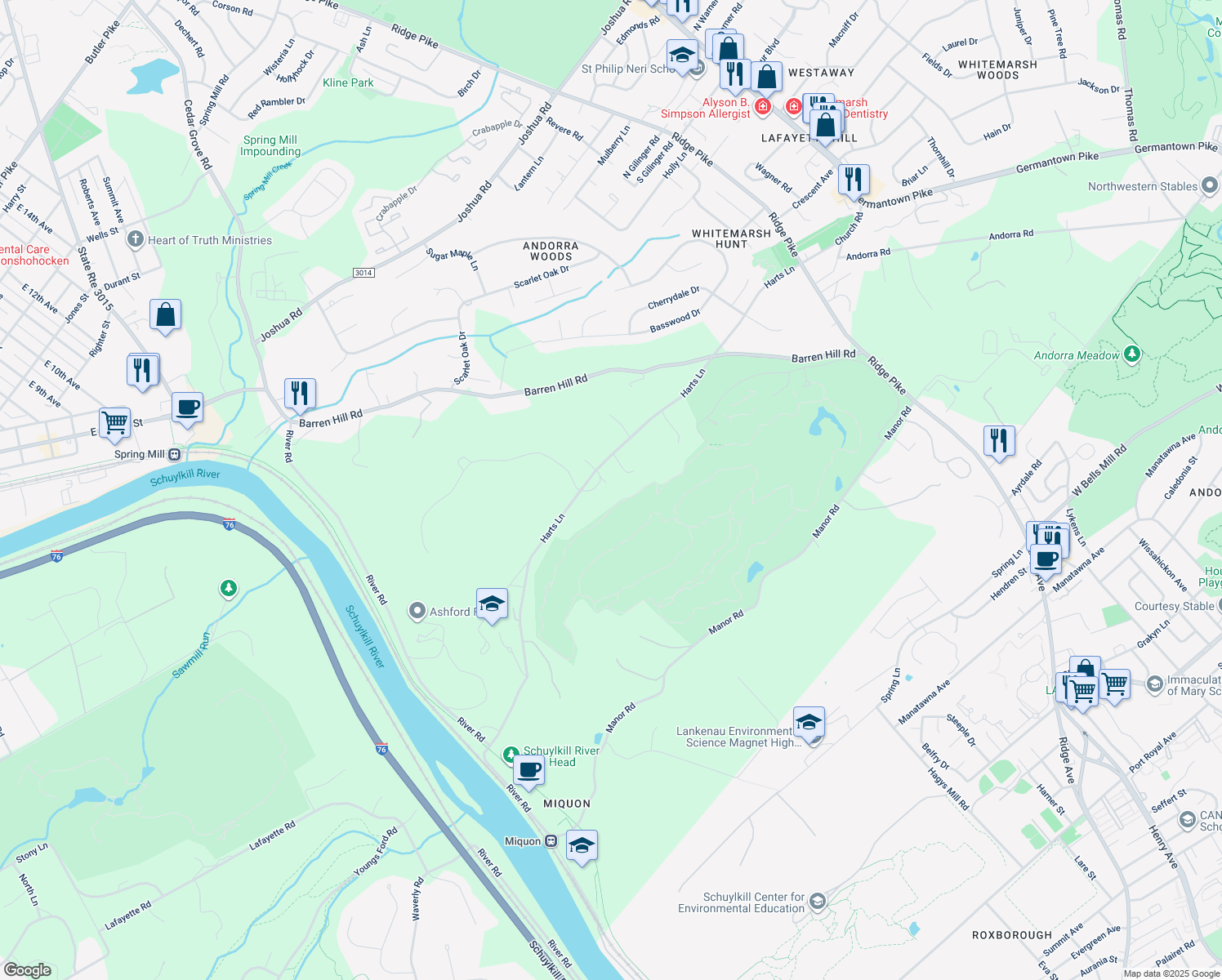 map of restaurants, bars, coffee shops, grocery stores, and more near 2092 Harts Lane in Conshohocken