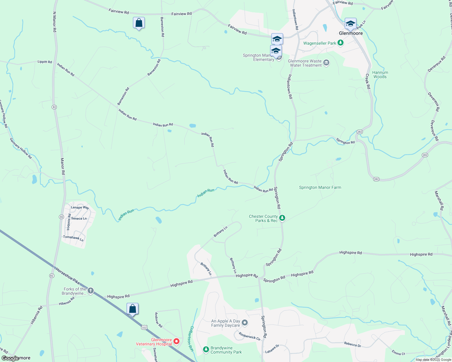 map of restaurants, bars, coffee shops, grocery stores, and more near 120 Indian Run Road in Glenmoore
