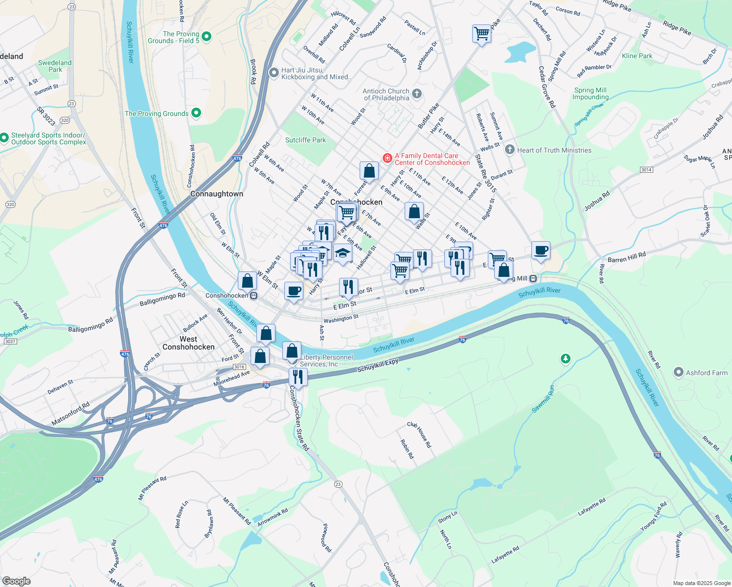 map of restaurants, bars, coffee shops, grocery stores, and more near 343 East Hector Street in Conshohocken