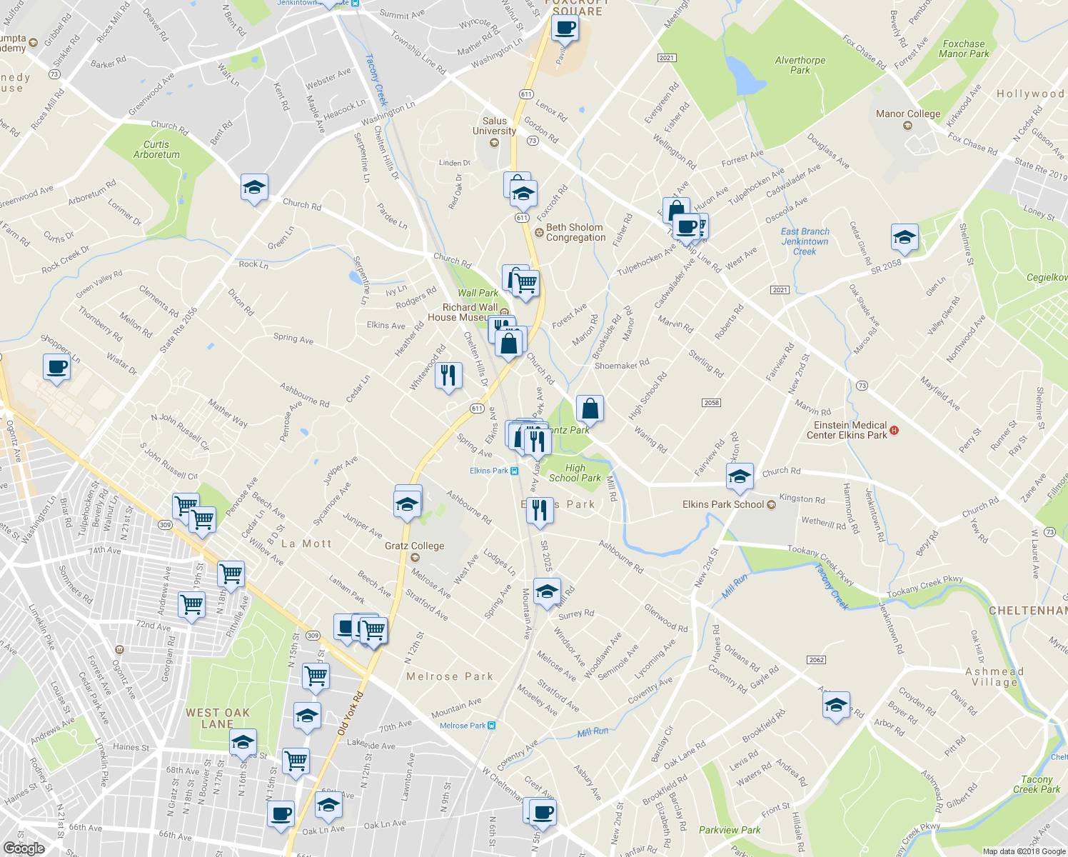 map of restaurants, bars, coffee shops, grocery stores, and more near 7921 Park Avenue in Montgomery County