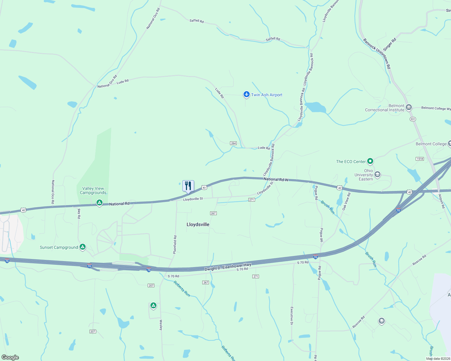 map of restaurants, bars, coffee shops, grocery stores, and more near 44301 National Road in Belmont