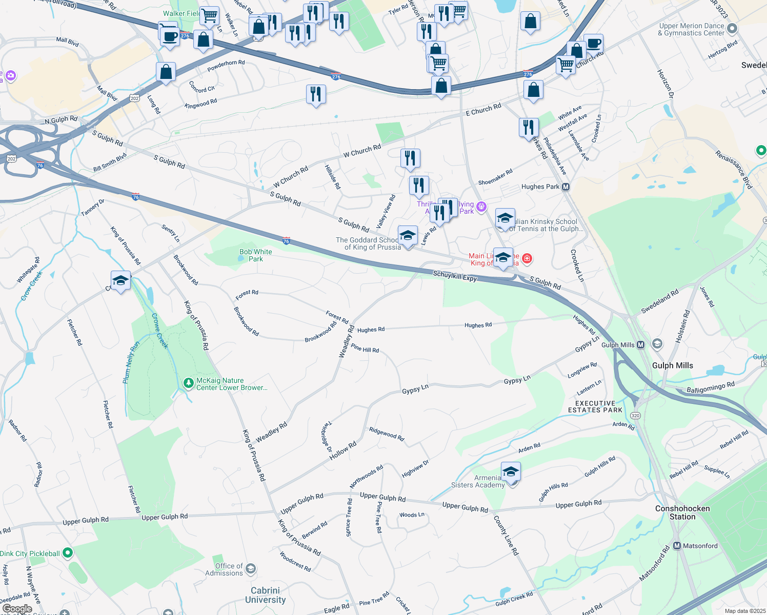 map of restaurants, bars, coffee shops, grocery stores, and more near 501 Weadley Road in King of Prussia