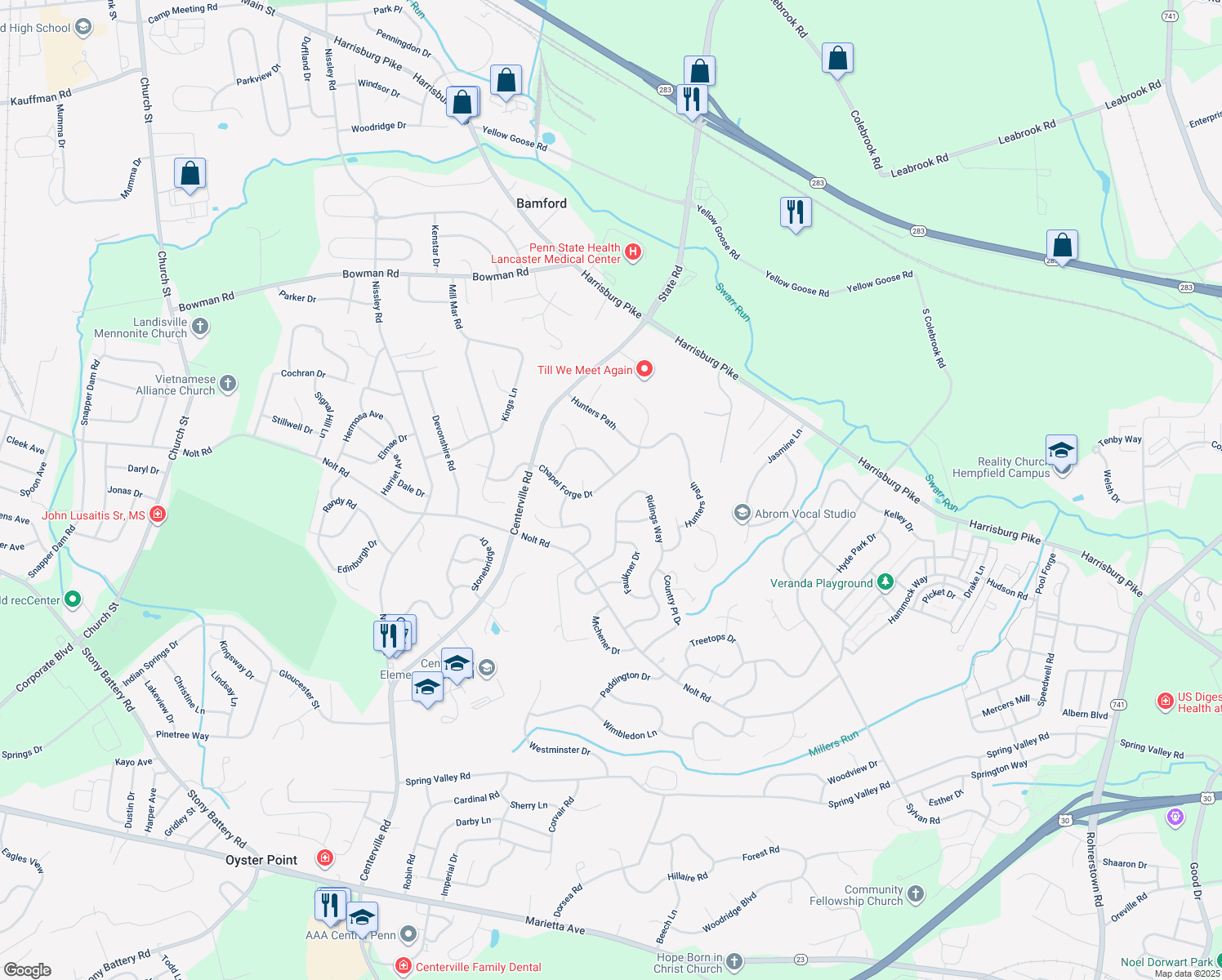 map of restaurants, bars, coffee shops, grocery stores, and more near 1053 Chapel Forge Drive in Lancaster