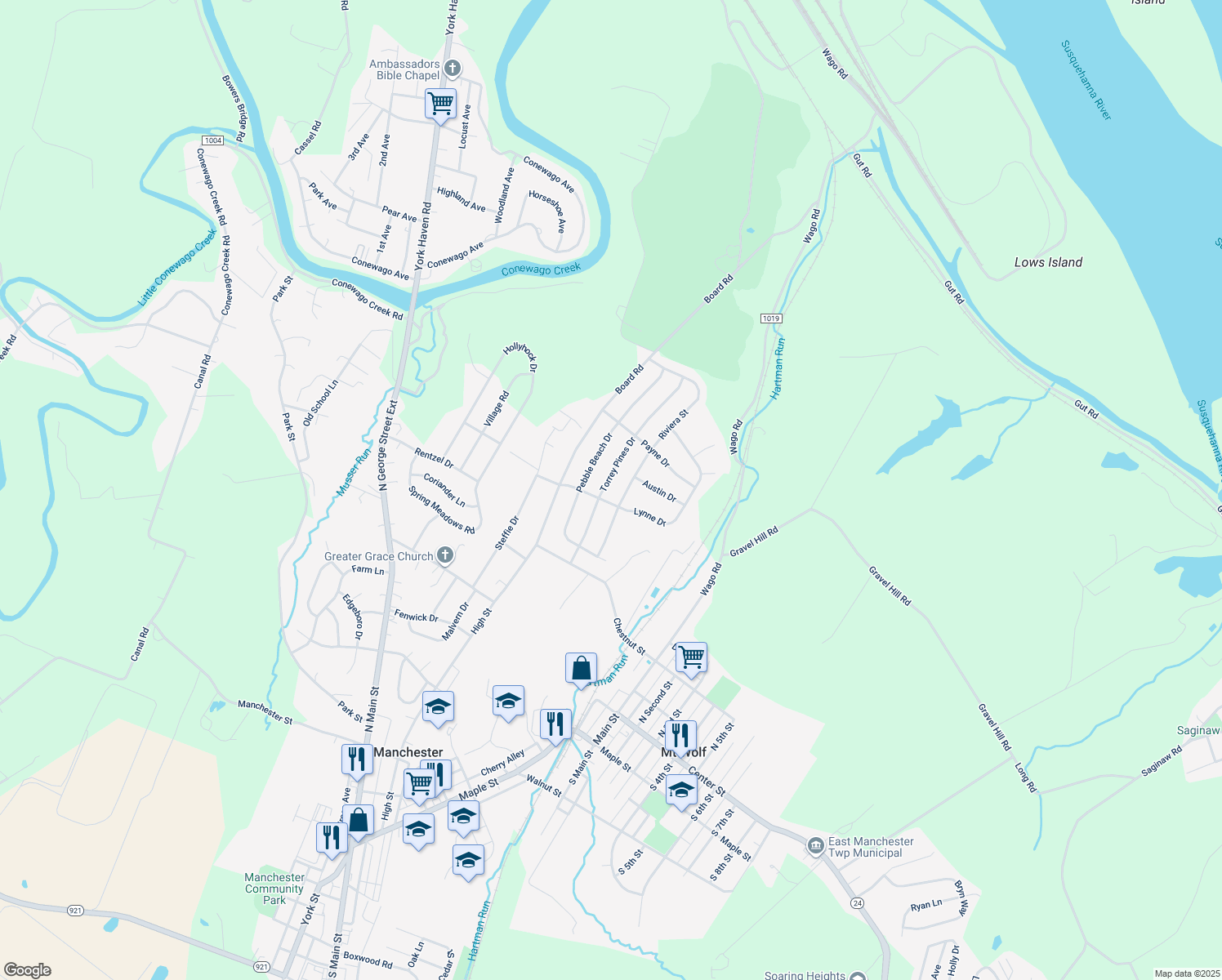 map of restaurants, bars, coffee shops, grocery stores, and more near 210 Riviera Street in Mount Wolf