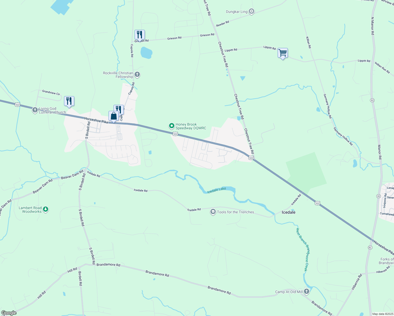 map of restaurants, bars, coffee shops, grocery stores, and more near 125 Erica Circle in Honey Brook