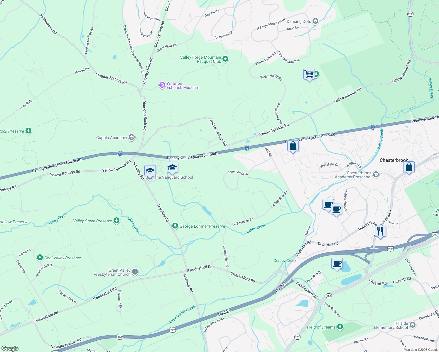 map of restaurants, bars, coffee shops, grocery stores, and more near 1800 Hawkweed Way in Malvern