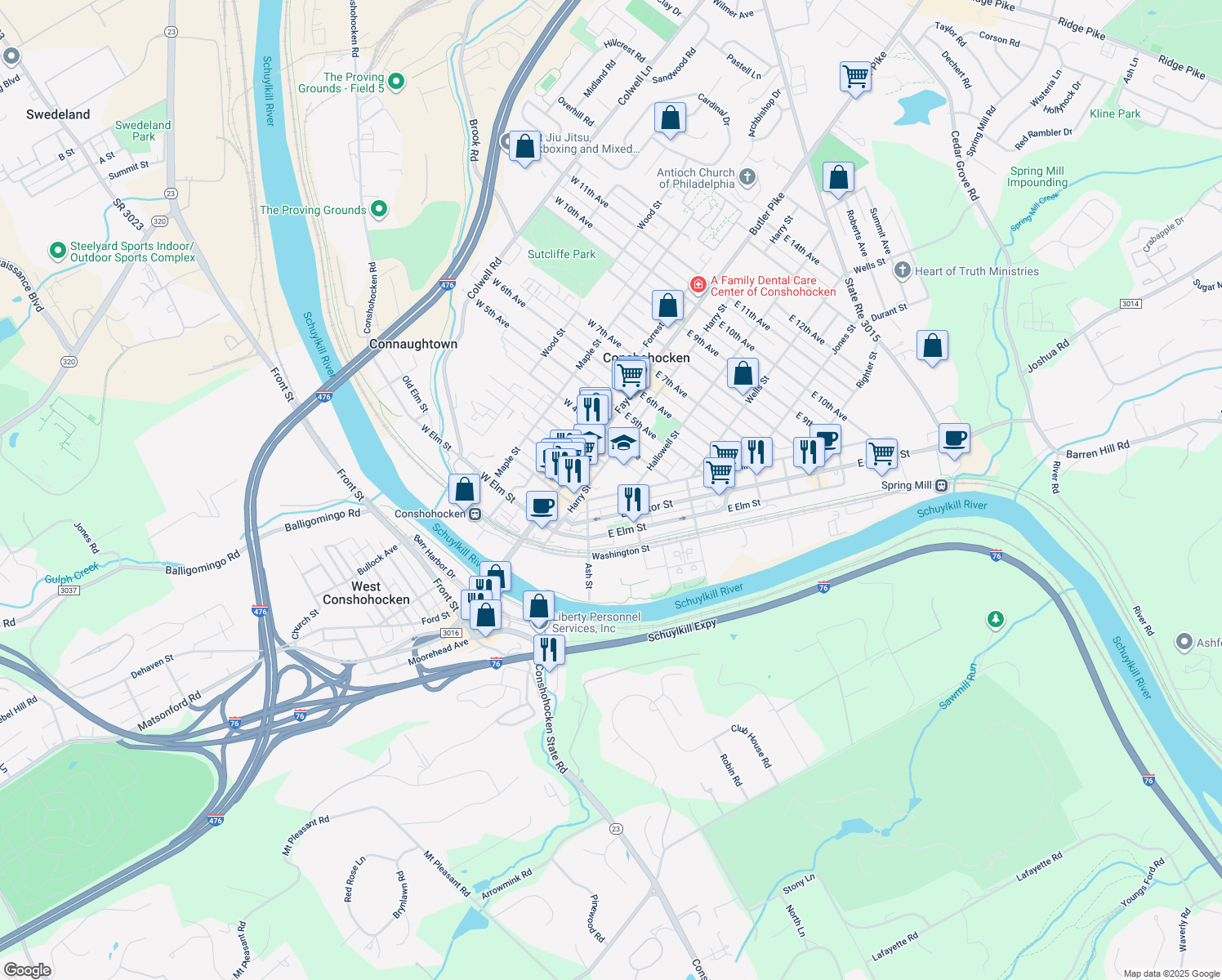map of restaurants, bars, coffee shops, grocery stores, and more near 228 Spring Mill Avenue in Conshohocken
