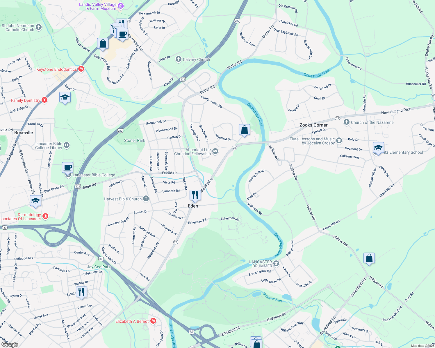 map of restaurants, bars, coffee shops, grocery stores, and more near 1878 New Holland Pike in Lancaster