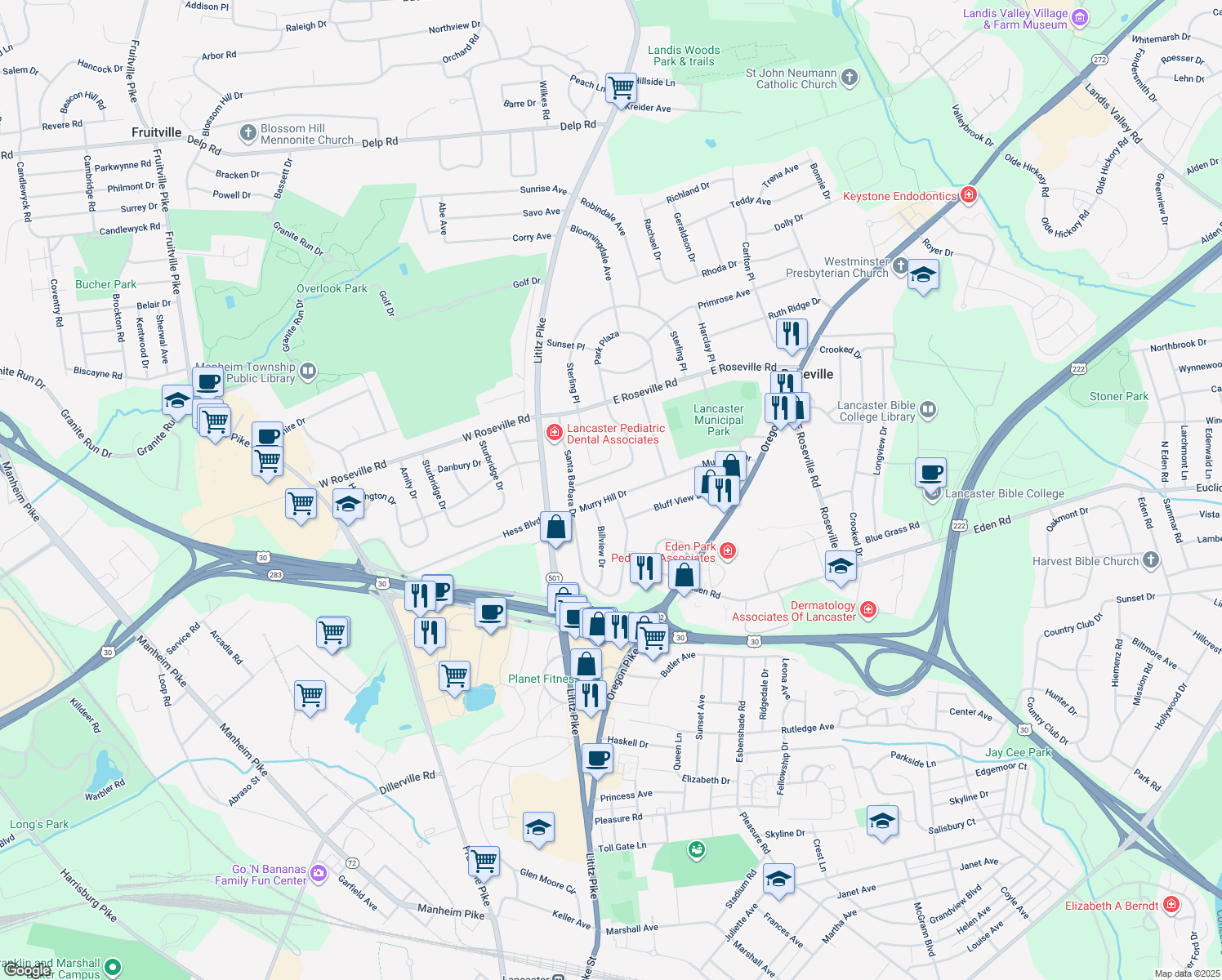 map of restaurants, bars, coffee shops, grocery stores, and more near 149 Murry Hill Dr in Lancaster