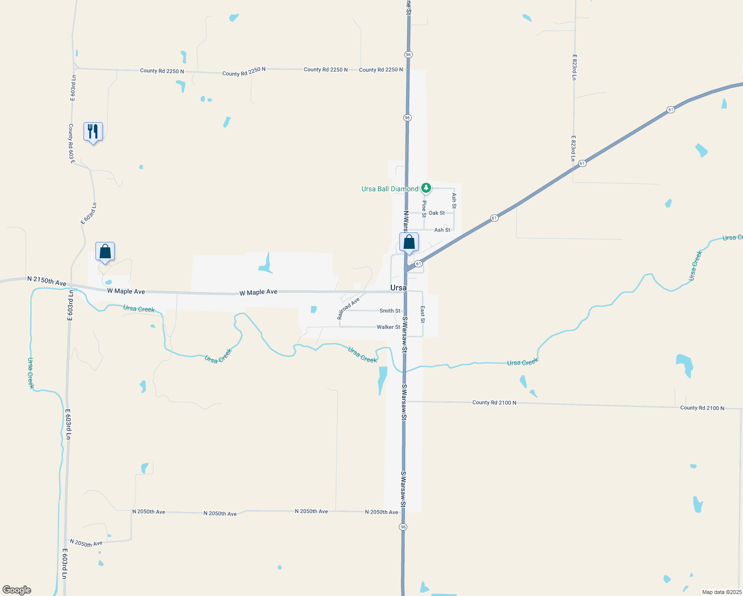map of restaurants, bars, coffee shops, grocery stores, and more near 211 West Maple Avenue in Ursa