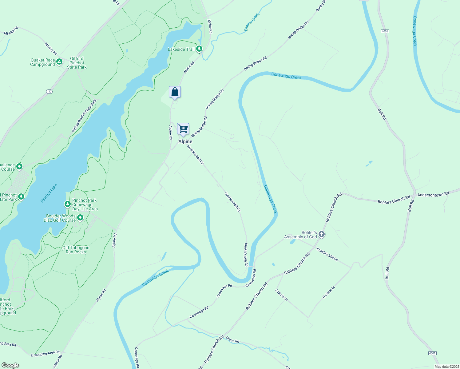 map of restaurants, bars, coffee shops, grocery stores, and more near Kunkles Mill Road in Lewisberry