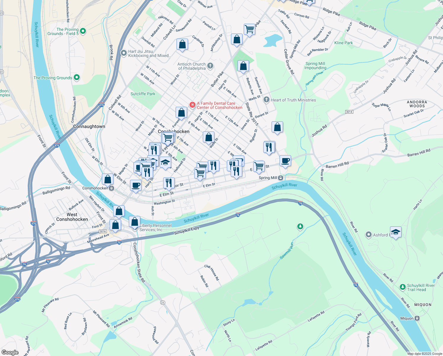 map of restaurants, bars, coffee shops, grocery stores, and more near 629 East Hector Street in Conshohocken