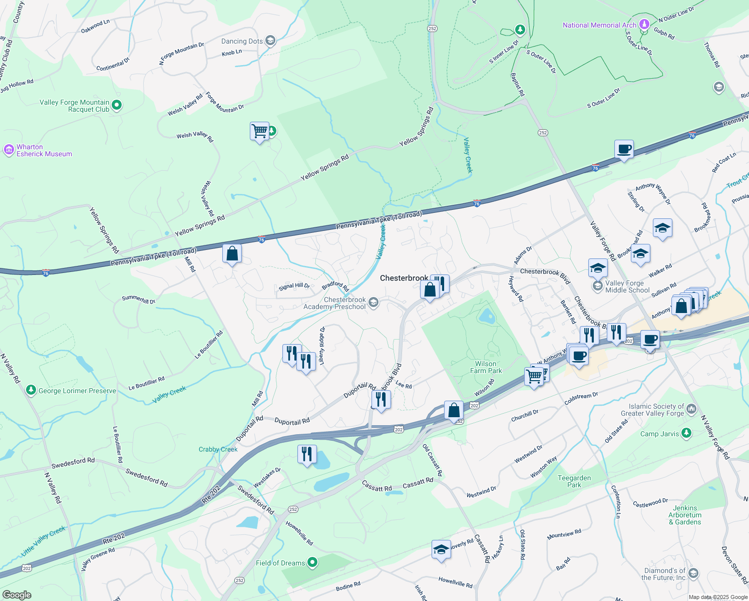 map of restaurants, bars, coffee shops, grocery stores, and more near 101 Cavalry Court in Chesterbrook