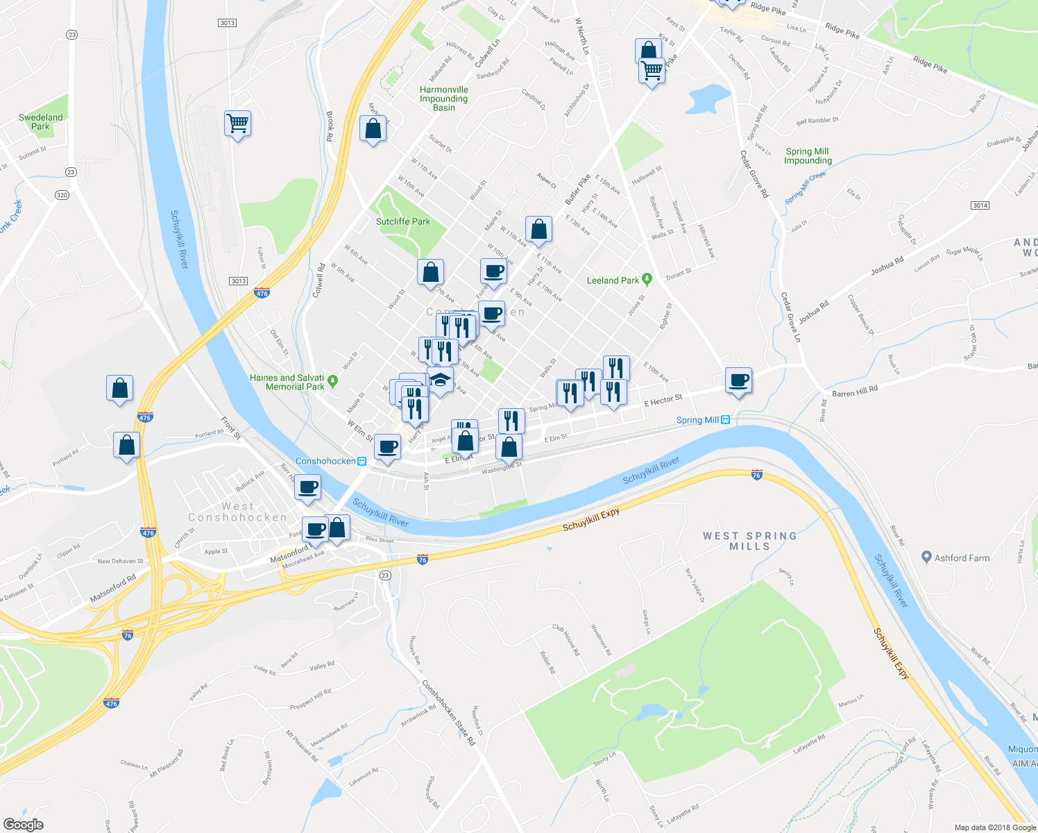 map of restaurants, bars, coffee shops, grocery stores, and more near 413 Spring Mill Avenue in Conshohocken