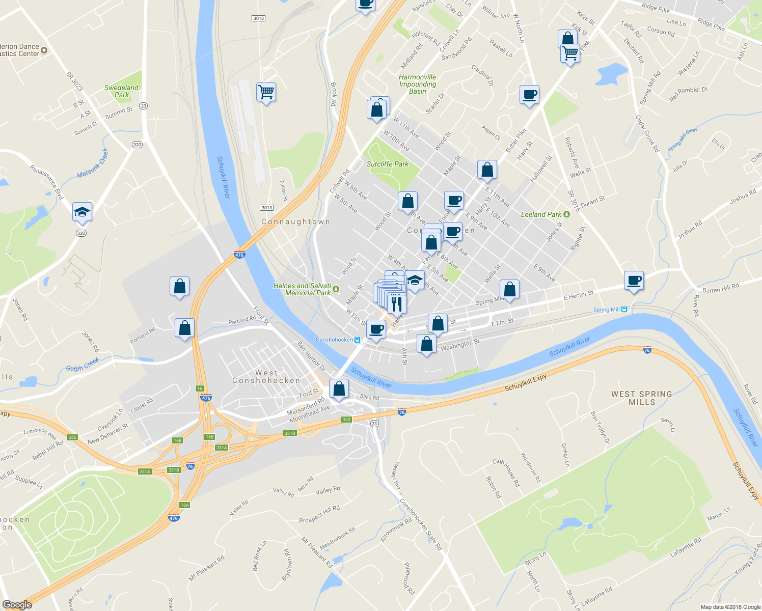 map of restaurants, bars, coffee shops, grocery stores, and more near 107 Forrest Street in Conshohocken