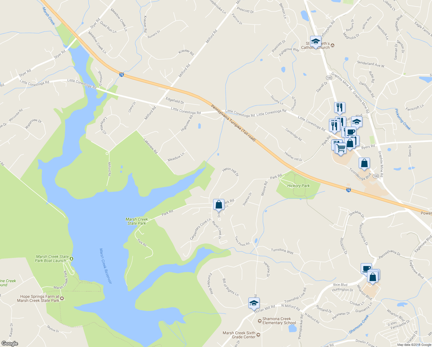 map of restaurants, bars, coffee shops, grocery stores, and more near 38 Heron Hill Drive in Downingtown
