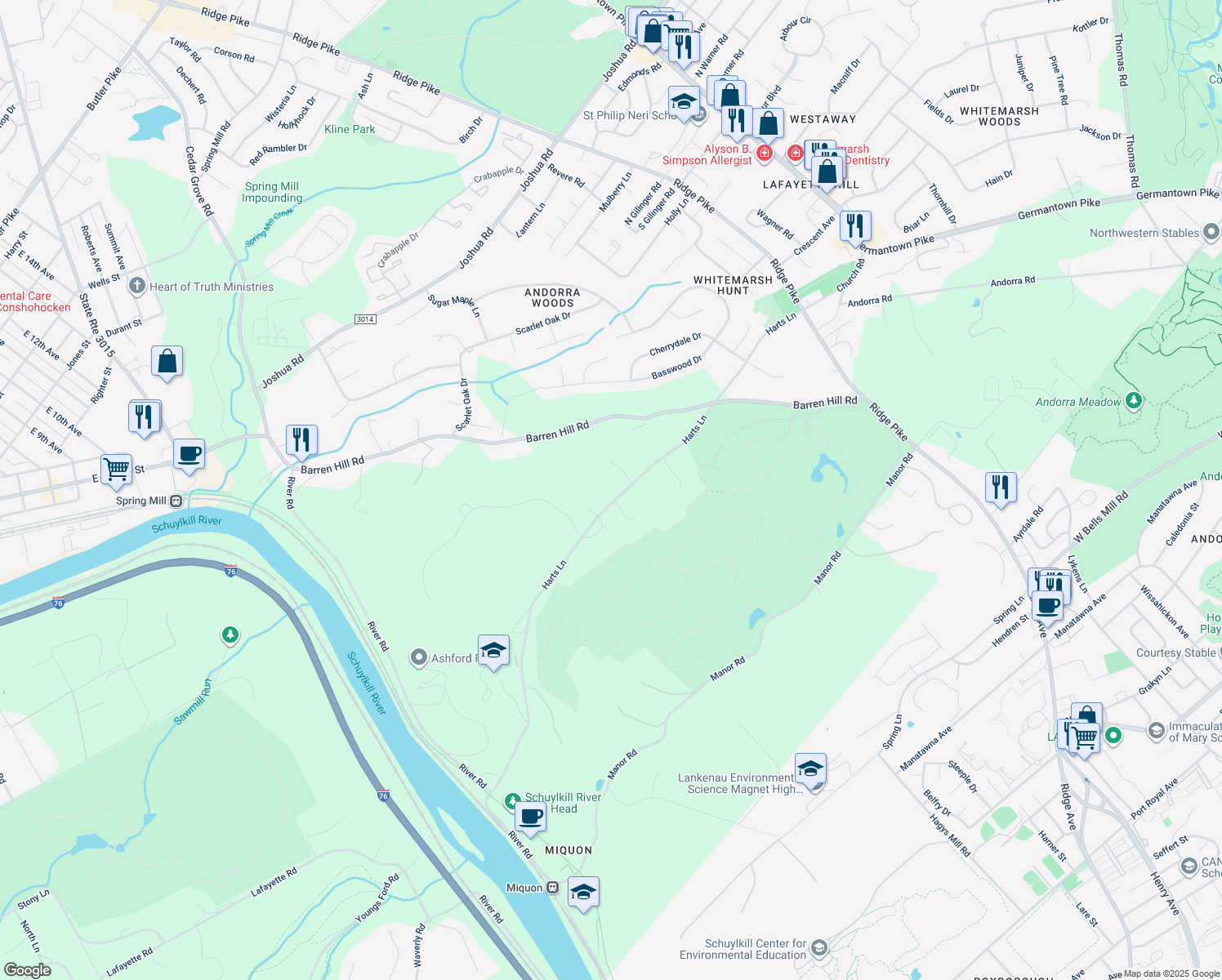 map of restaurants, bars, coffee shops, grocery stores, and more near 2129 Harts Lane in Conshohocken