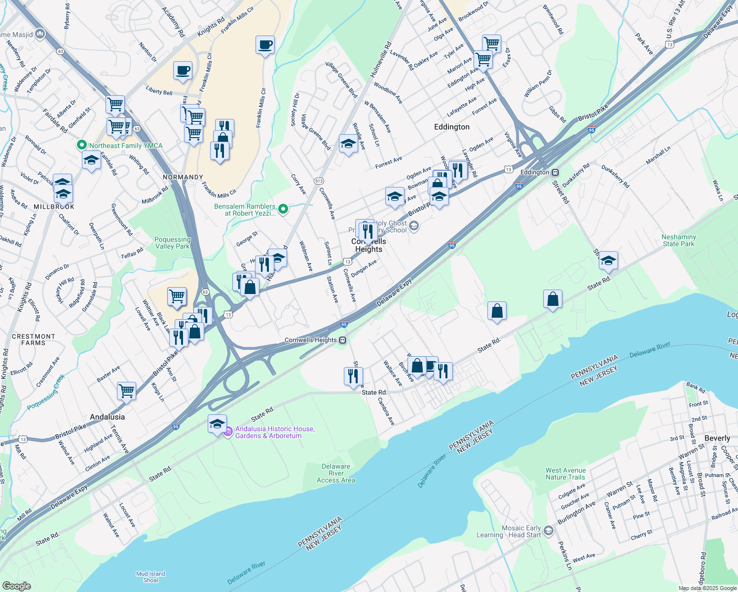 map of restaurants, bars, coffee shops, grocery stores, and more near 830 Simons Avenue in Bensalem