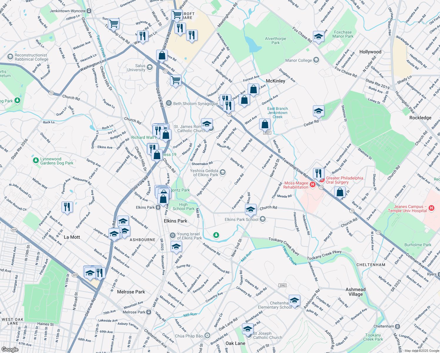 map of restaurants, bars, coffee shops, grocery stores, and more near 8201 High School Rd in Elkins Park