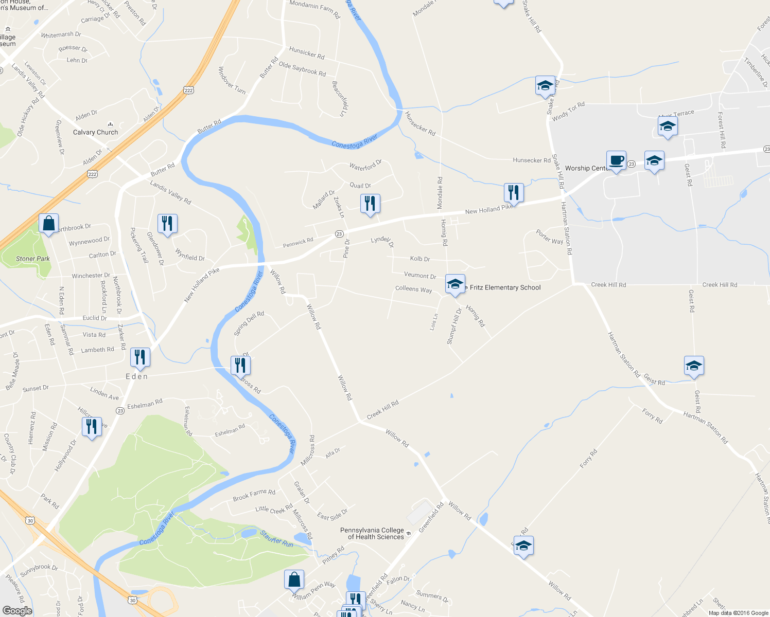 map of restaurants, bars, coffee shops, grocery stores, and more near 2121 Colleens Way in Lancaster