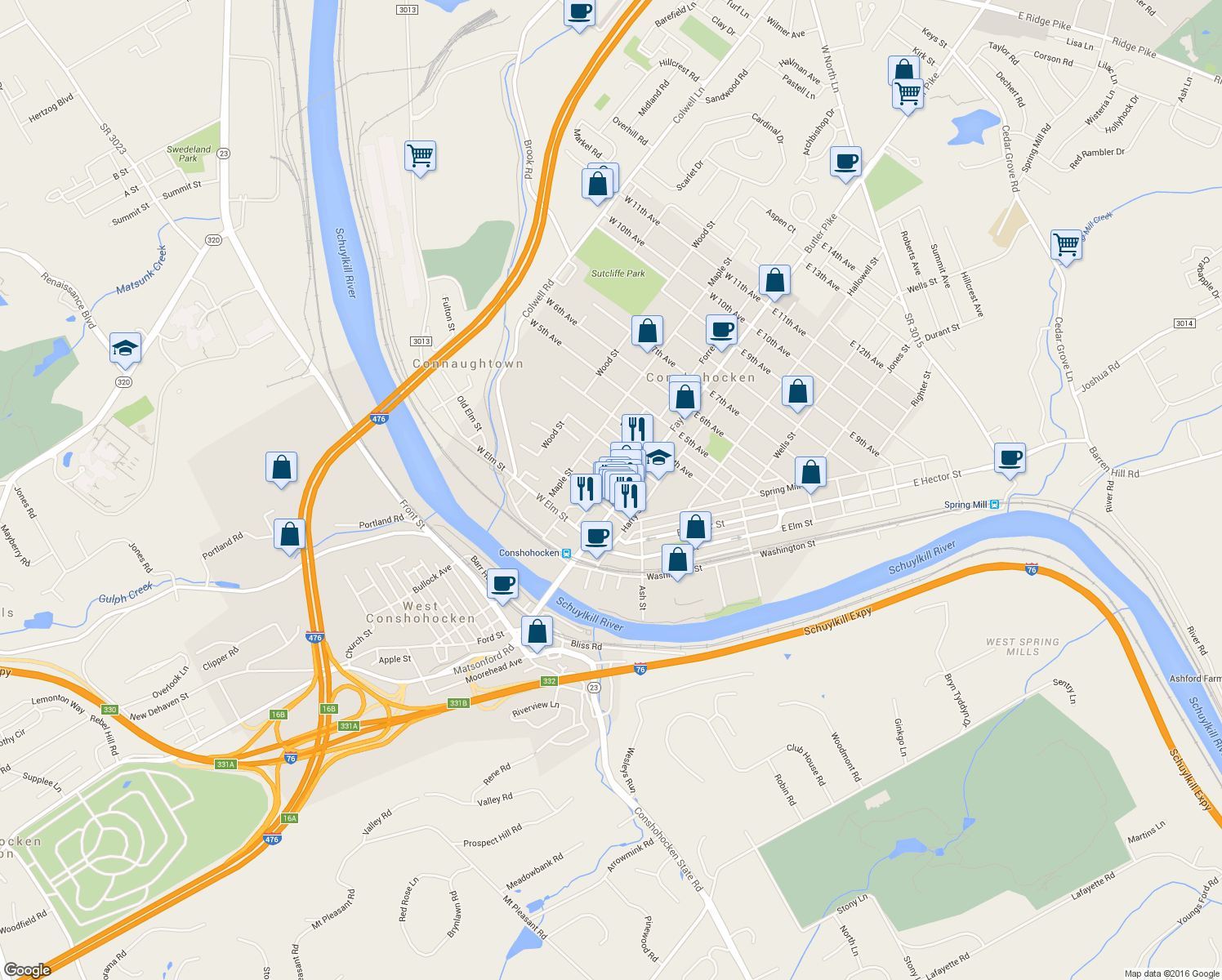 map of restaurants, bars, coffee shops, grocery stores, and more near 121 Forrest Street in Conshohocken