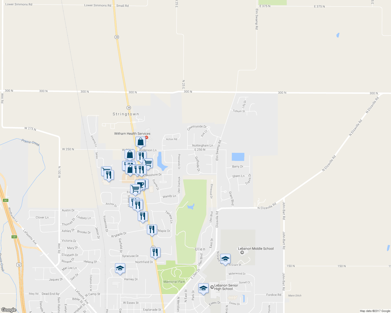 map of restaurants, bars, coffee shops, grocery stores, and more near 2210 Golfside Drive in Lebanon