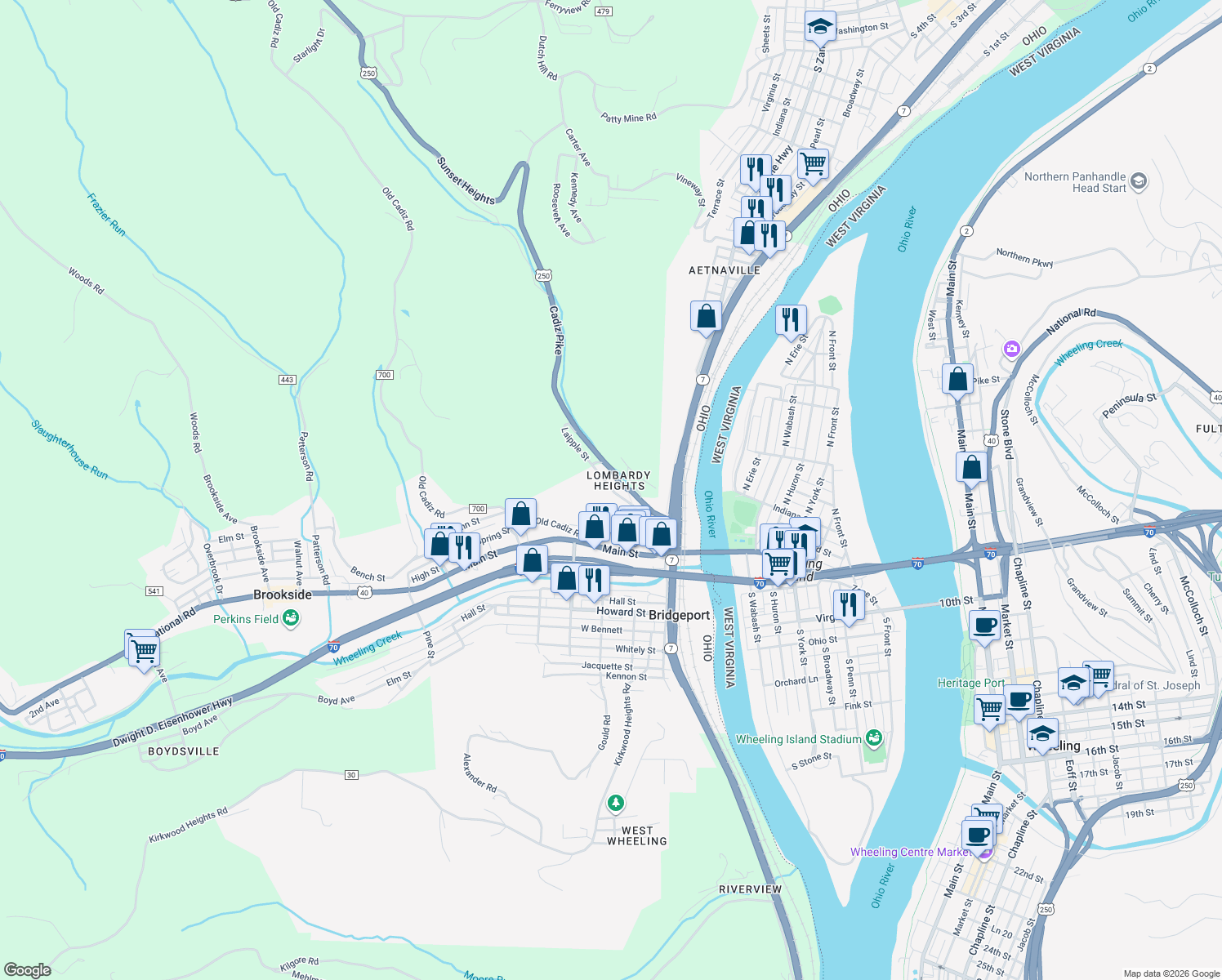 map of restaurants, bars, coffee shops, grocery stores, and more near 67 Laipple Street in Bridgeport