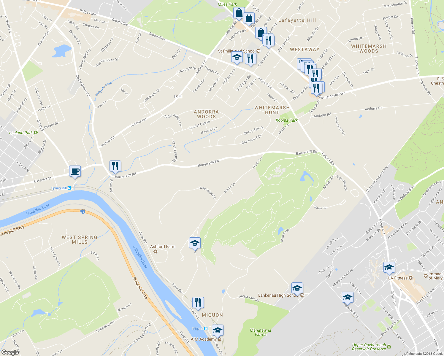 map of restaurants, bars, coffee shops, grocery stores, and more near 2121 Harts Lane in Conshohocken