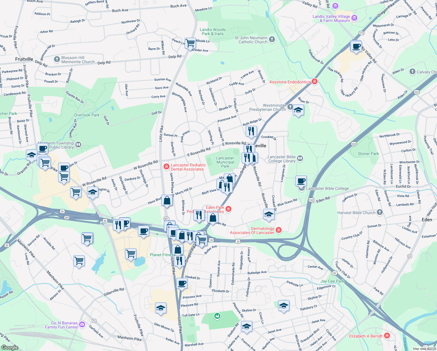map of restaurants, bars, coffee shops, grocery stores, and more near 357 Murry Hill Dr in Lancaster