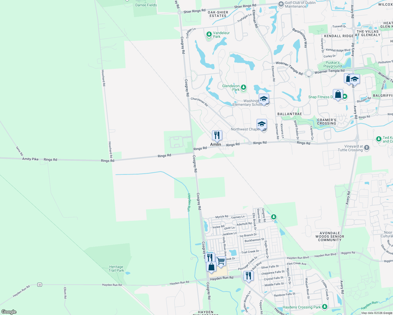 map of restaurants, bars, coffee shops, grocery stores, and more near 5428 Cosgray Rd in Dublin