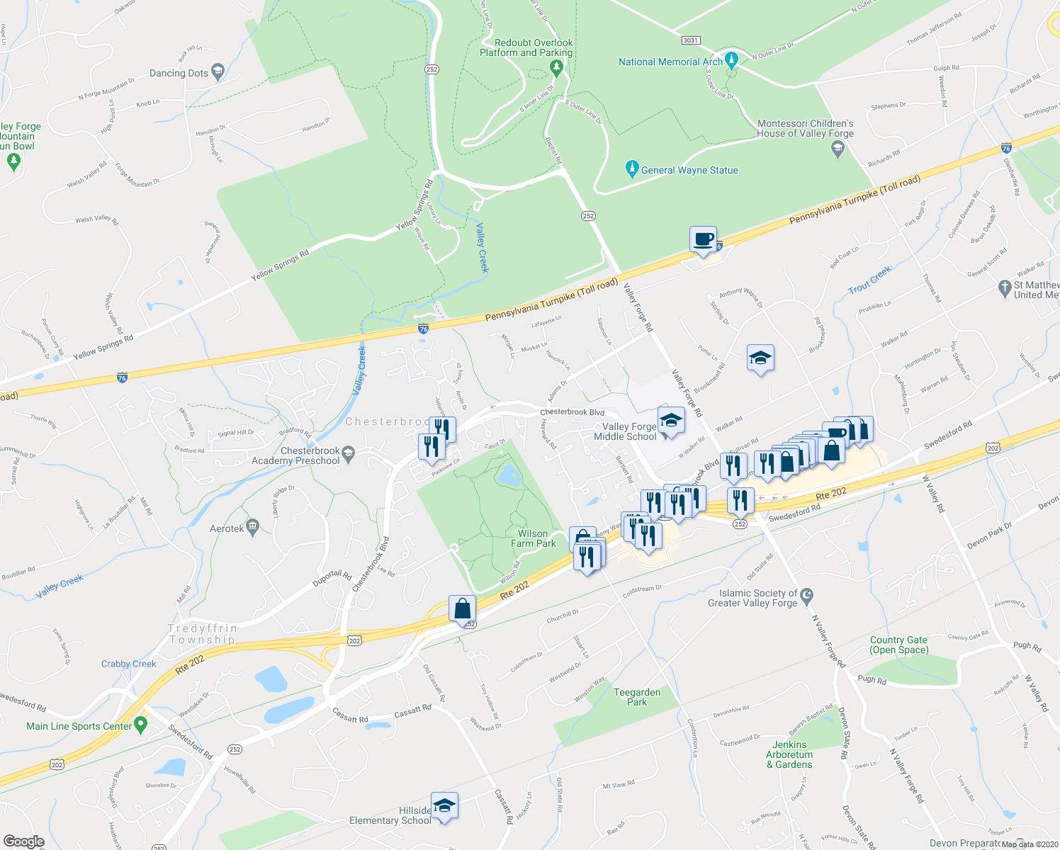 map of restaurants, bars, coffee shops, grocery stores, and more near 14 Elan Lane in Chesterbrook