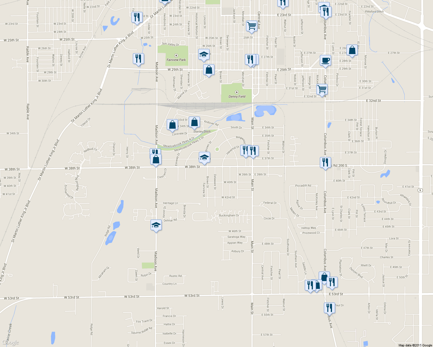 map of restaurants, bars, coffee shops, grocery stores, and more near 3826 Delaware St in Anderson