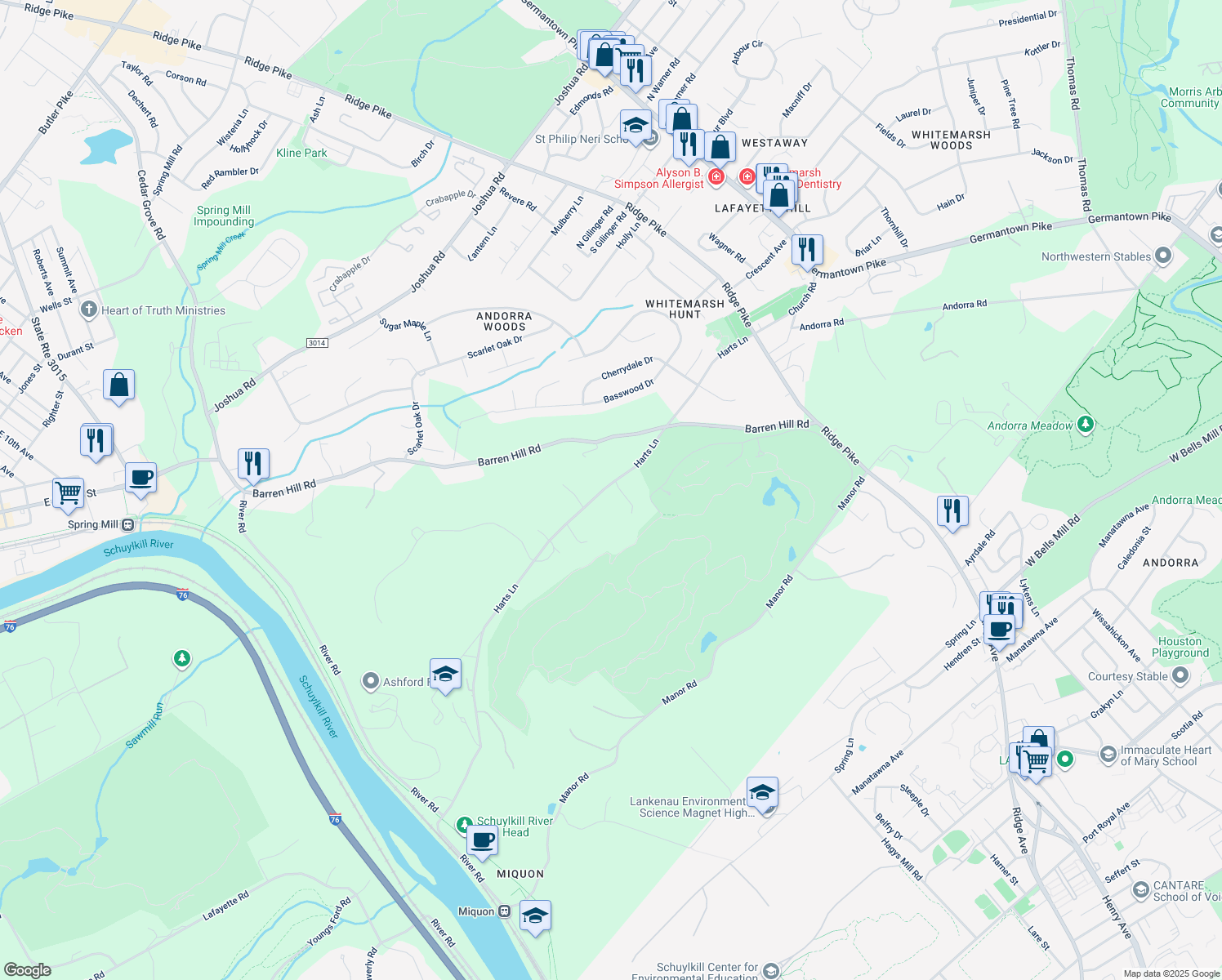 map of restaurants, bars, coffee shops, grocery stores, and more near 2166 Harts Lane in Conshohocken