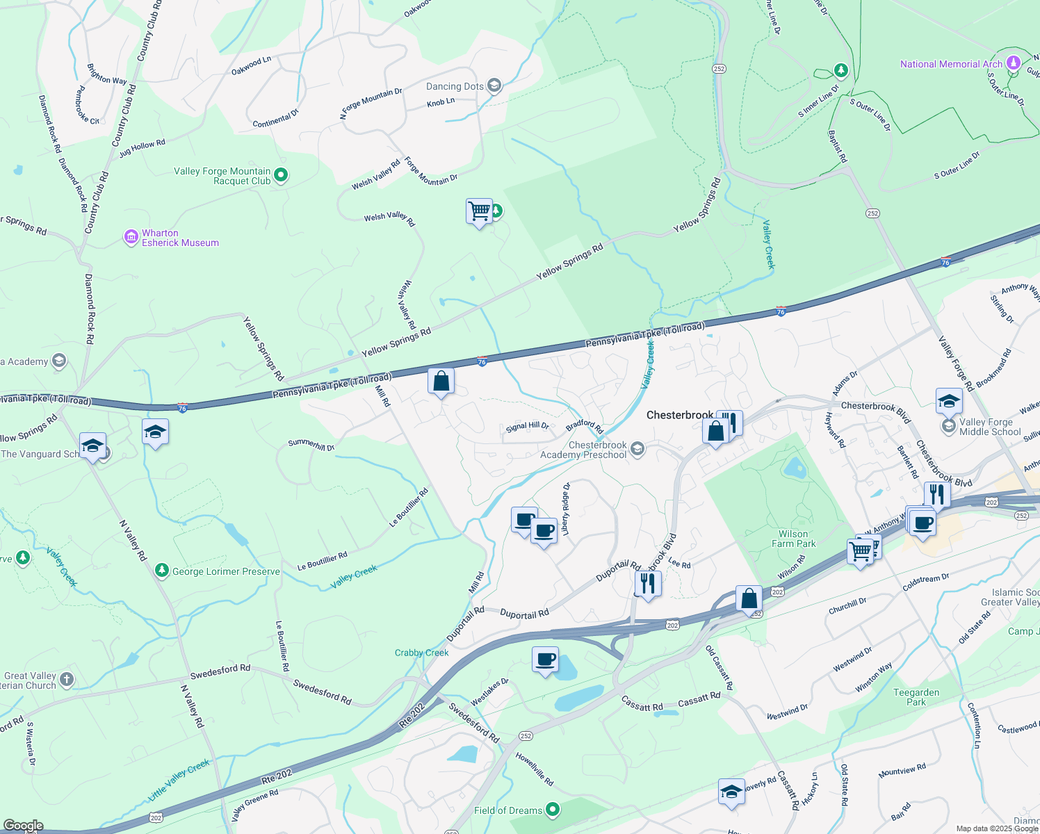 map of restaurants, bars, coffee shops, grocery stores, and more near 56 Constitution Court in Chesterbrook